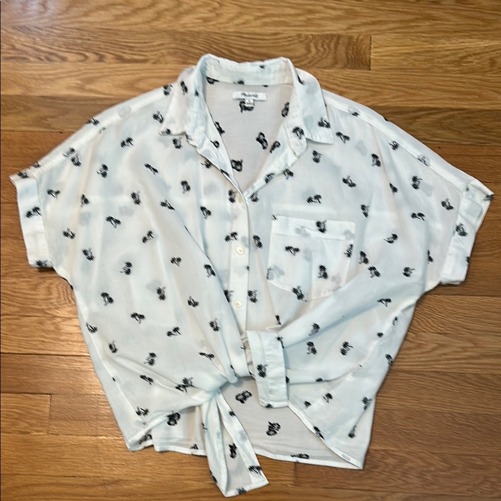 Madewell White Shirt with navy embroidered palm trees size medium